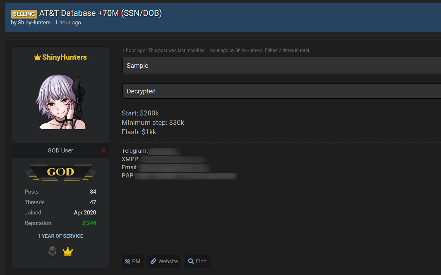 ShinyHunters leaking attempting to sell AT&T data breach