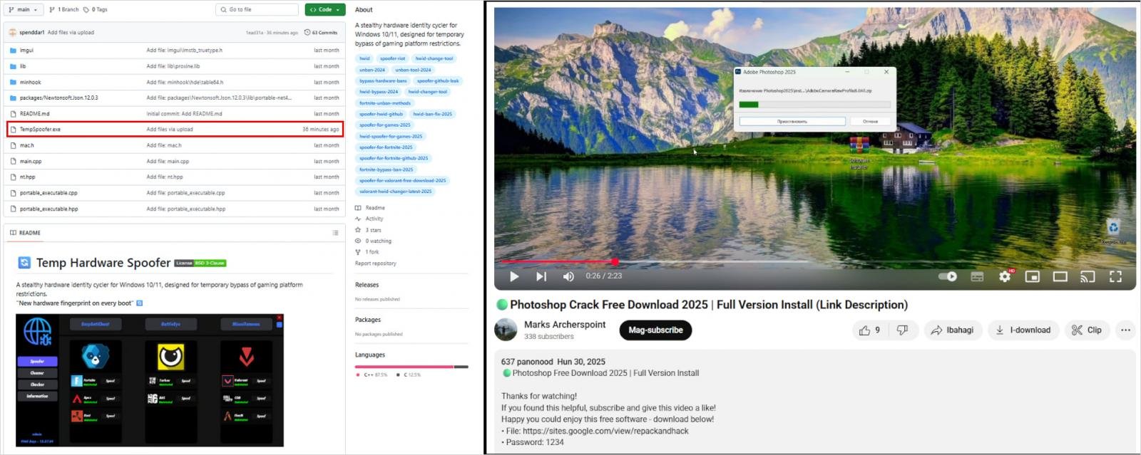 Malicious GitHub repository (left) and YouTube video (right) distributing Lumma
