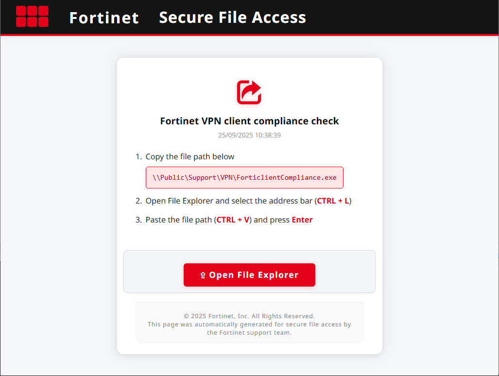 Fortinet VPN Compliance Check FileFix lure