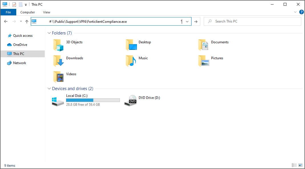 How a copied command appears in File Explorer address bar