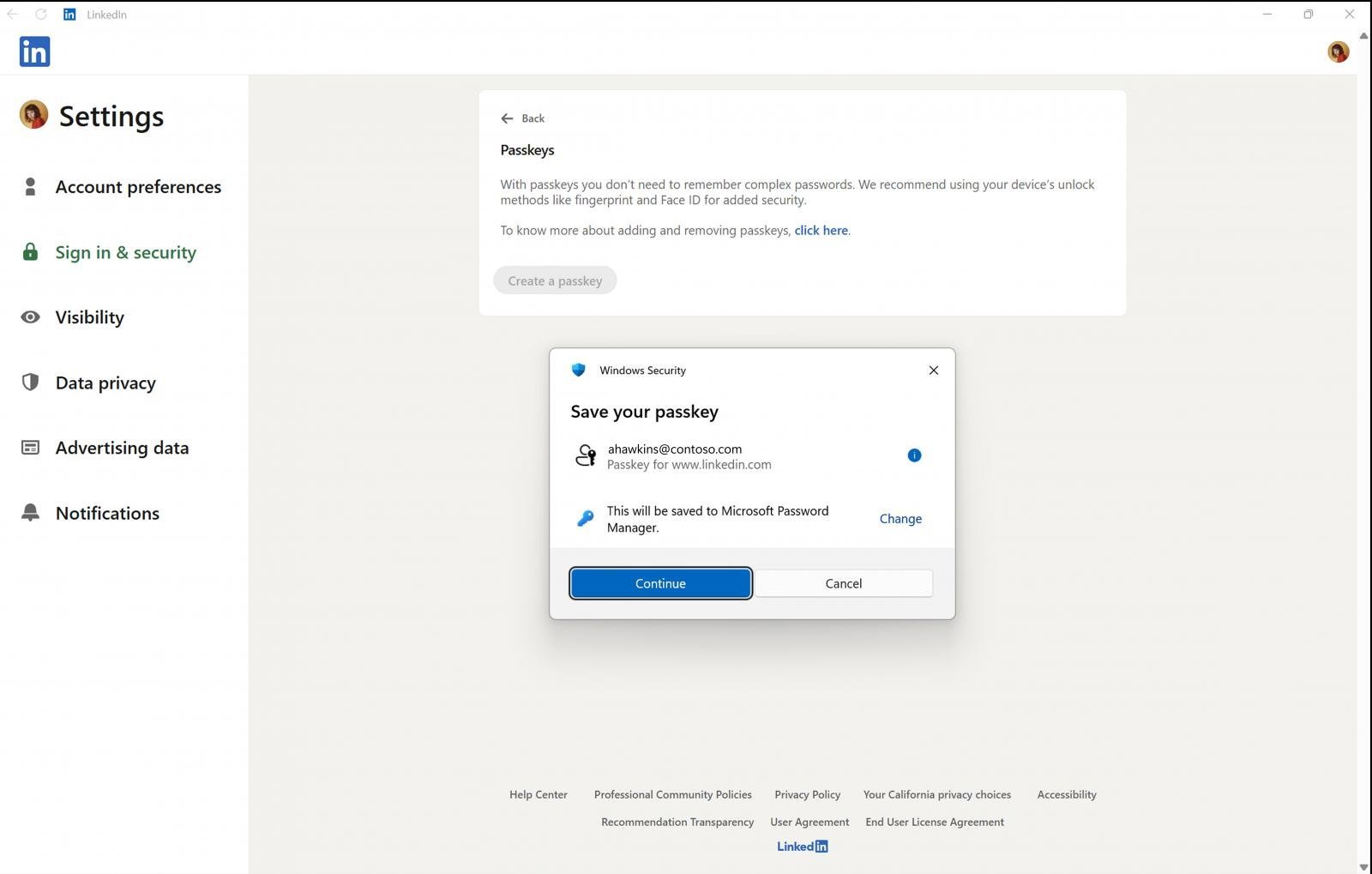 LinkedIn passkey saved on Microsoft Password Manager