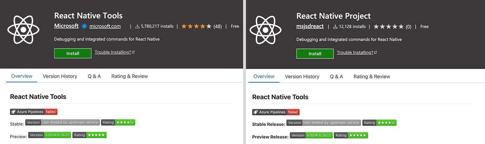 Legitimate (left) and impersonator (right) packages